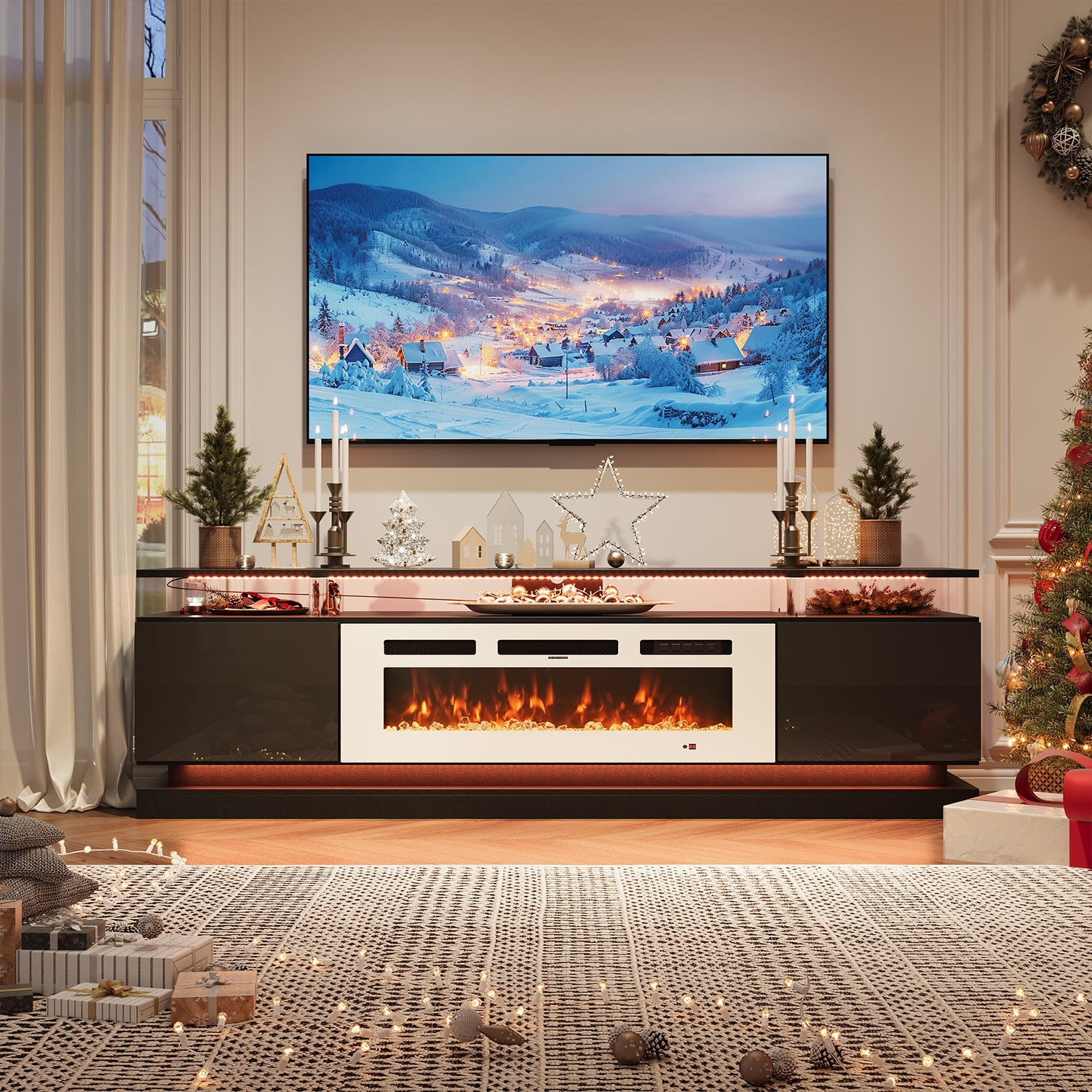 Sonegra Modern Fireplace TV Stand for TVs Up to 80" with Music Sync LED, 70" Entertainment Center with Electric Fireplace, TV Console with Storage Cabinets for Living Room, Black