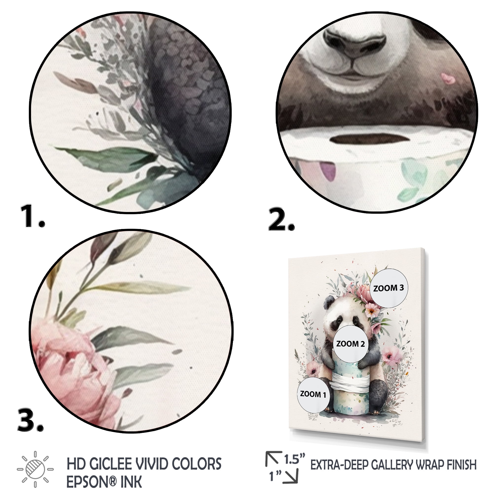 Designart Panda With Roll Of Toilet Paper And Flowers Canvas Wall Art