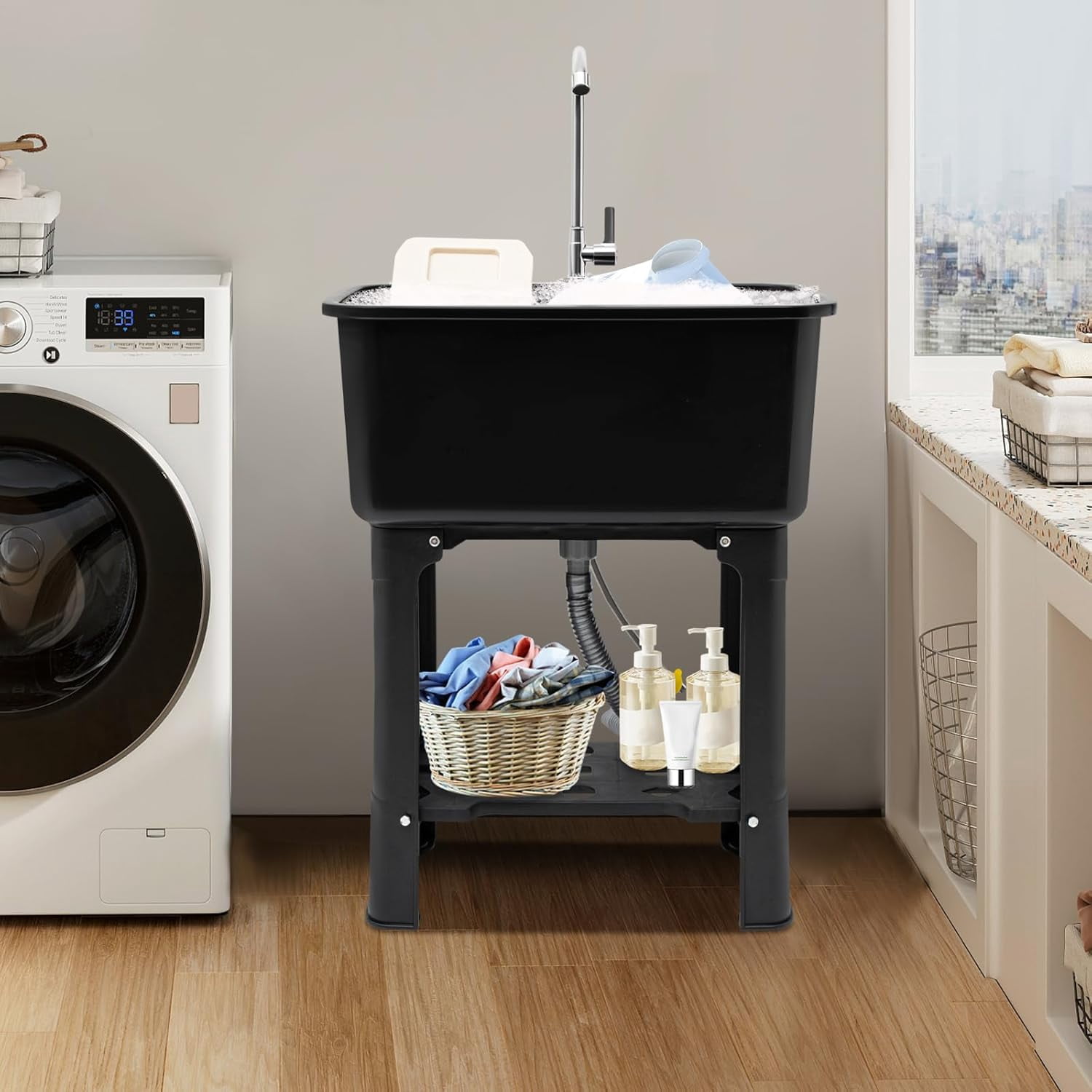Miumaeov Utility Sink with Faucet for Laundry Room and Garage, Plastic Bathroom Laundry Sink Freestanding Laundry Tub Outdoor Sink Ideal for Workshop, Bathroom, Kitchen