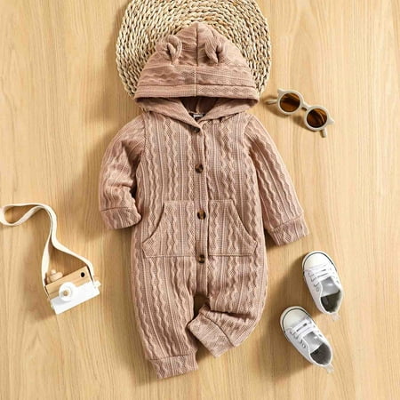 

Boys Girls Long Sleeve Ribbed Hooded Romper Toddler Jumpsuit With Pocket Clothes Khaki 70