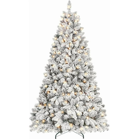 7ft Prelit Flocked Christmas Tree, Frosted Artificial Christmas Tree with 500UL Lights, Pine Cones & 1124 Tips, Auto Hinged Easy Setup Full Prelighted Fake Christmas Tree