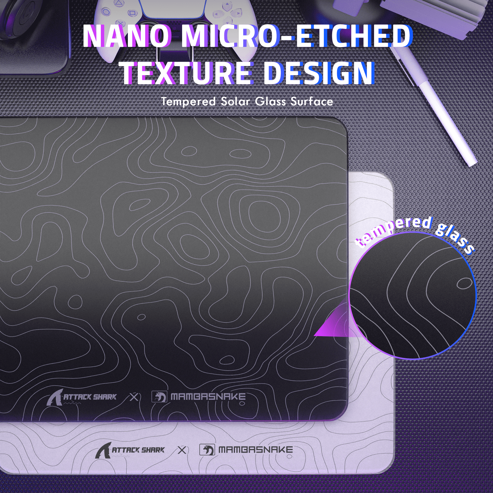 ATTACK SHARK CM05 SE Tempered Glass Mouse Pad, 16.1''×12.2'' Large Hard Gaming Mouse Pad, Nano-Etched Surface, 9H Anti-Scratch, Anti-Slip Base, Black Contours