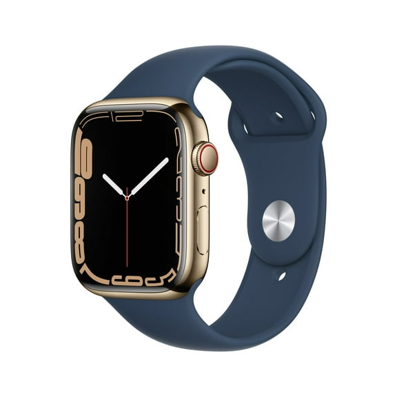 Restored Apple Watch 45MM Series 7 GPS   CELLULAR Stainless Steel Gold Case Blue Sport Band (Refurbished)