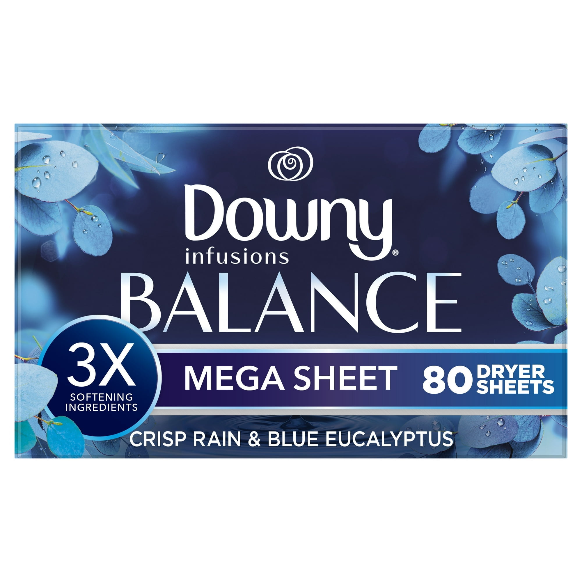 Downy Infusions BALANCE Mega Fabric Softener Dryer Sheets, Crisp Rain & Blue Eucalyptus, 80 Count with Microfiber Solid Color Towel by BundleEase