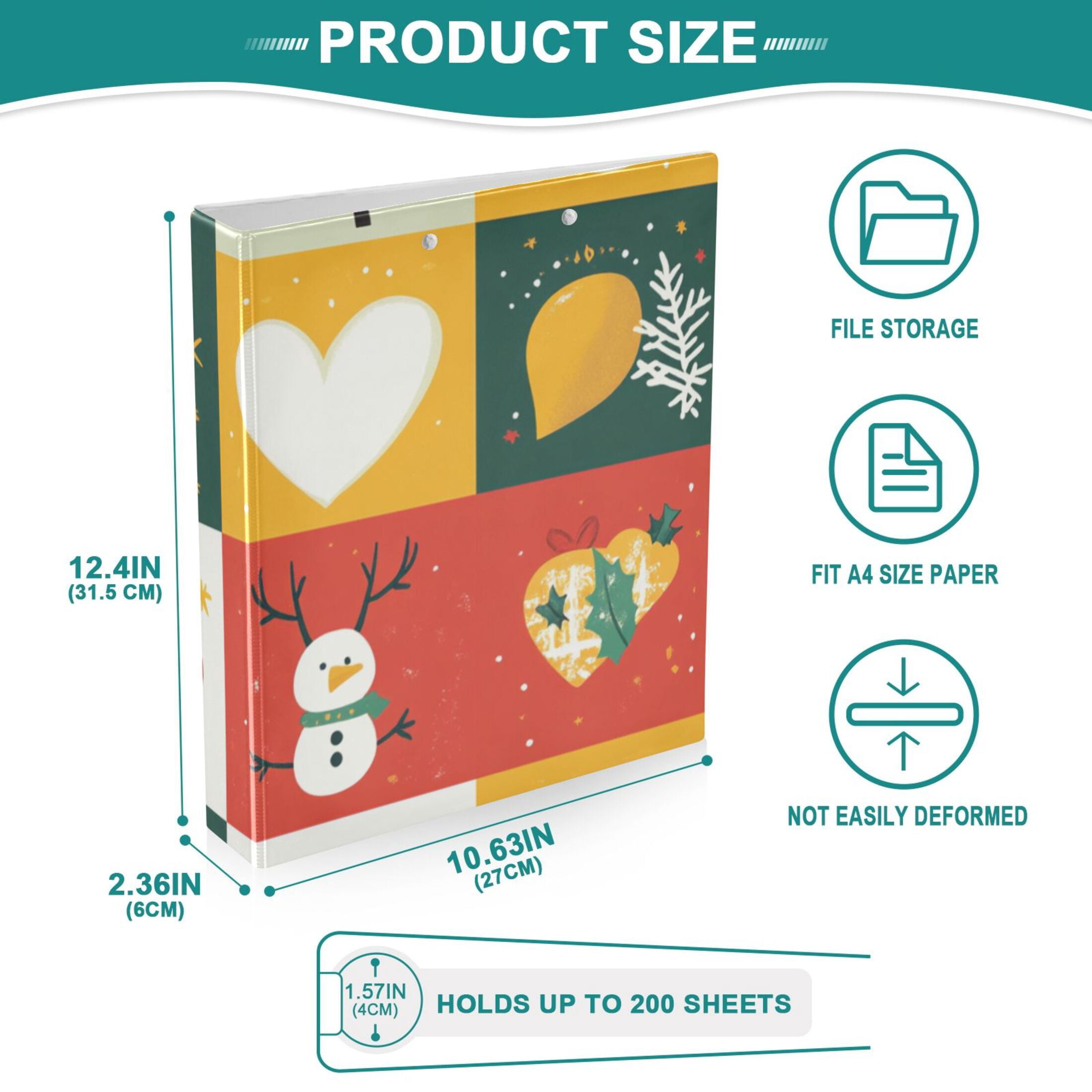 Christmas Snowmen Squares 3 Ring Binders 1.5 inch Hardcover File Folders with Interior Pockets A4 Size Organizer for School Office Hospital