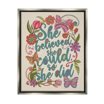 Stupell Industries She Believed Girl Power Motivational Patterned Floral Butterflies Graphic Art Luster Gray Floating Framed Canvas Print Wall Art, Design by Valentina Harper