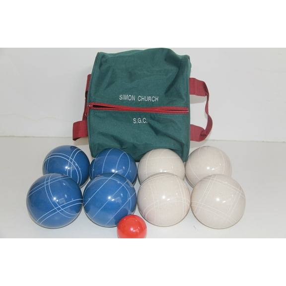 Italian/American Made, 110mm EPCO Bocce Set - Blue and White Balls and Engraved Green/Maroon Bag