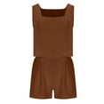 thumbnail image 4 of FRSASU Women 2 Piece Sets Summer Sleeveless Square Neck Crop Tank Top Elastic Waist Shorts Casual Suit Brown, 4 of 7