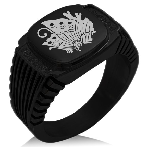 Stainless Steel Taira Ageha Samurai Crest CZ Ribbed Needle Stripe Pattern Biker Style Polished Ring