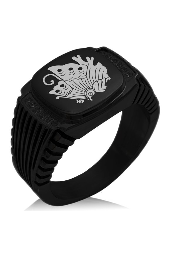 Stainless Steel Taira Ageha Samurai Crest CZ Ribbed Needle Stripe Pattern Biker Style Polished Ring