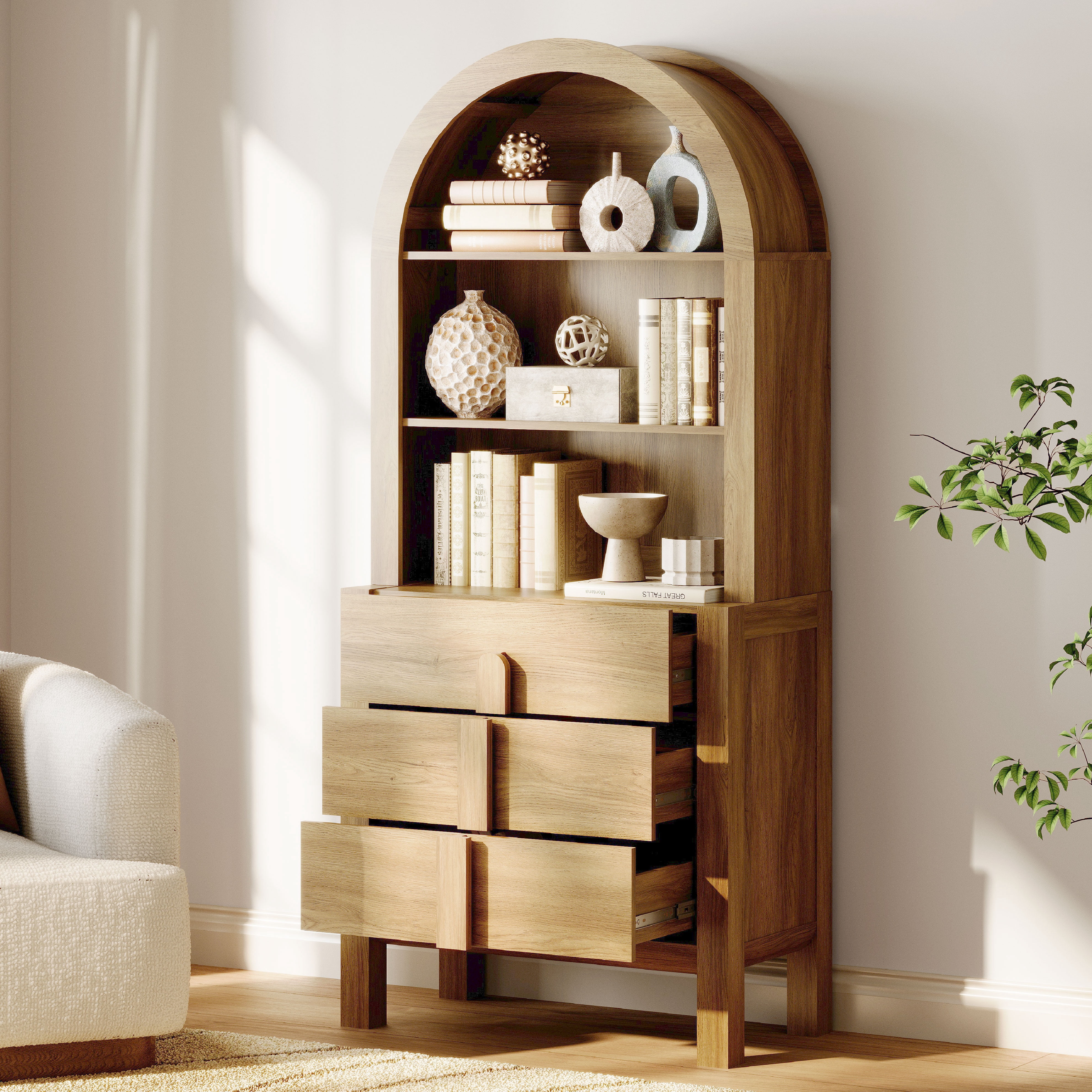 Home Office Set, 53.5" Modern Executive Desk with Charging Station and Drawers & 2 Piece 71"H Tall 3-Tier Arched Bookcases with Open Storage for Living Room, Bedroom, Home Office