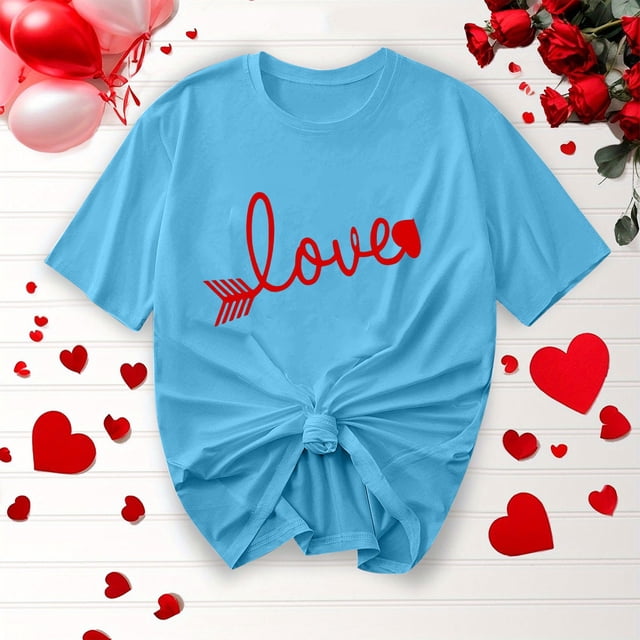 TIMIFIS T-Shirts à Manches Courtes de la Saint-Valentin pour Femmes Mode Décontractée Col Rond T-Shirt Imprimé Cœur d'Amour T-Shirt d'Été Ample Col Rond T-Shirts