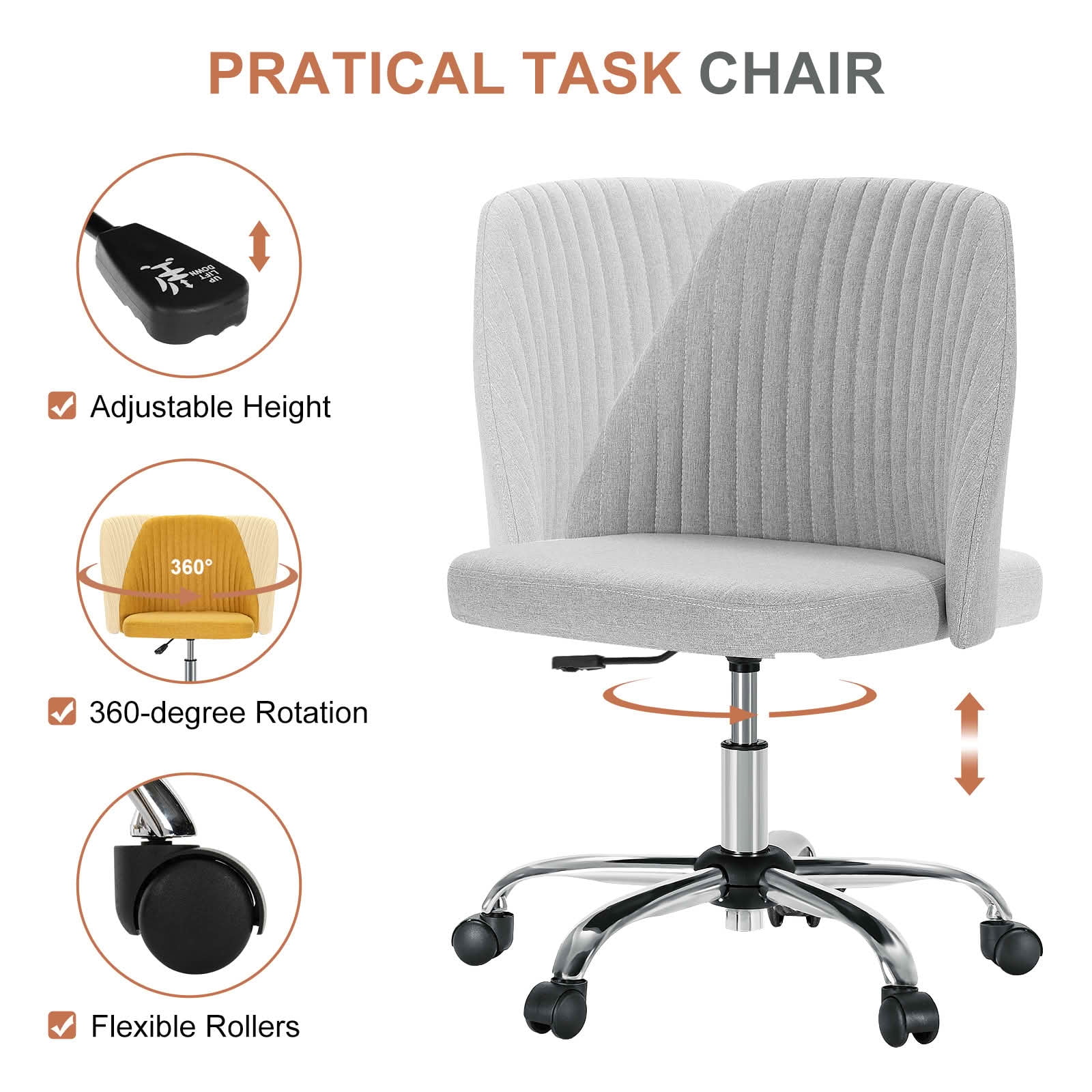 MAYEERTY Modern Fabric Armless Office Desk Chair, 360° Swivel Height Adjustable Rolling Vanity Chair with Wheels
