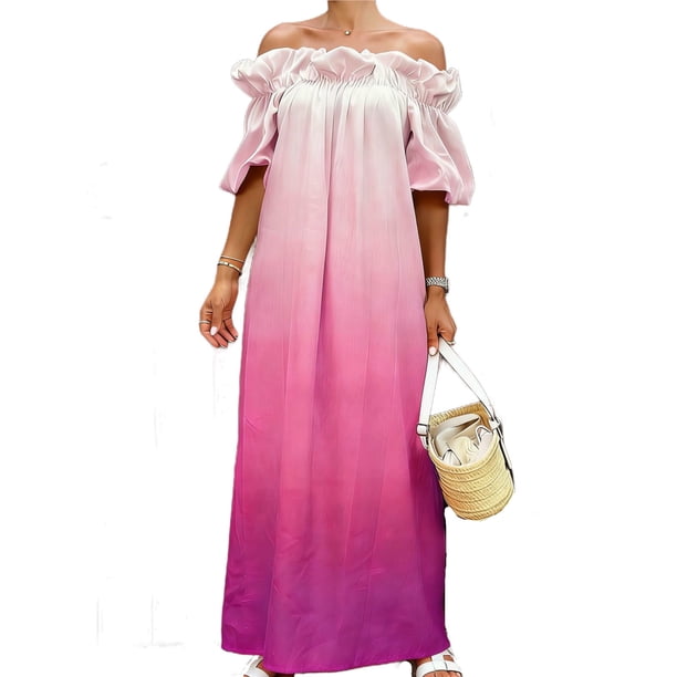 Mujeres Más Tamaño Manga Corta Tops Off-Hombro Ruffle Puff Manga Maxi Vestido, Vestido de Vacaciones de la Playa Gradiente Flujo para el Resort de Verano
