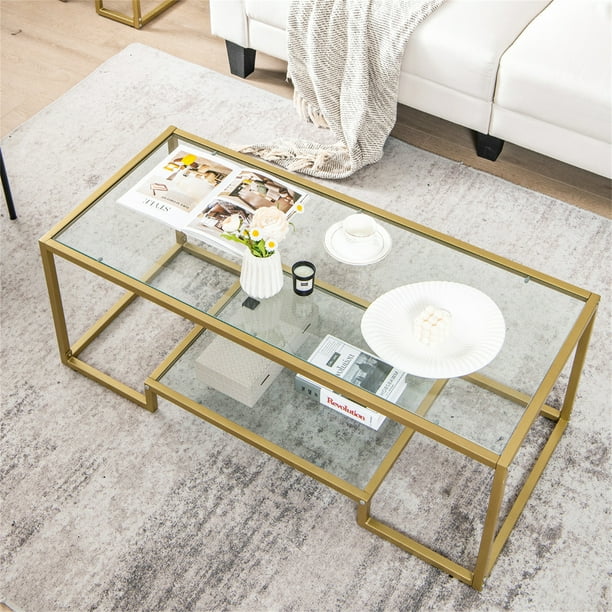 Costway Mesa de Centro Moderna de 2 Niveles Mesa de Café Auxiliar Rectangular Marco Metal Dorado Mesa Baja de Vidrio con Estante 114 x 51 x 43,5 cm
