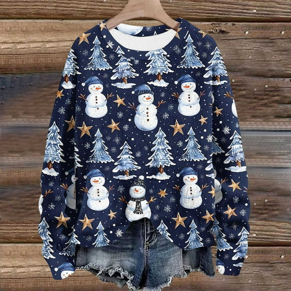 WXLWZYWL Womens Christmas Sweatshirts Cute Xmas Ugly 3D Graphic Print Sweaters Oversized Long Sleeve Round Neck Pullover Tops