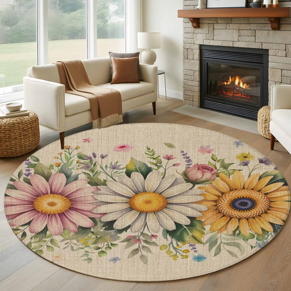 Round Rug 5Ft Washable Non-Slip, Vintage Daisy Floral Circle Area Rugs for Living Room Bedroom, Spring Flowers Botanical Leaves Rustic Indoor Floor Mats Carpet Runner for Home Decor Aesthetic