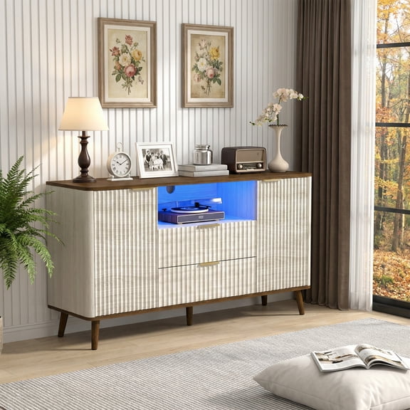 TrumanPick 55" Fluted TV Stand for 65" TV, Modern Entertainment Center with LED Lights, Media Console with 2 Drawers & 2 Storage Cabinet, Fluted TV Table TV Console for Living Room