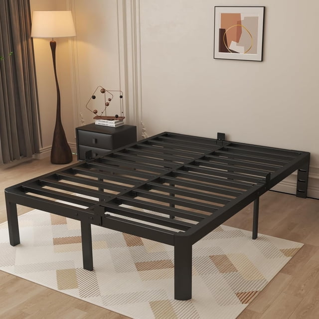 Marco de cama de 12 pulgadas con juntas de metal, marco de cama negro, tamaño sin necesidad de somier, soporte de plataforma de acero resistente hasta 3500 libras, diseño de