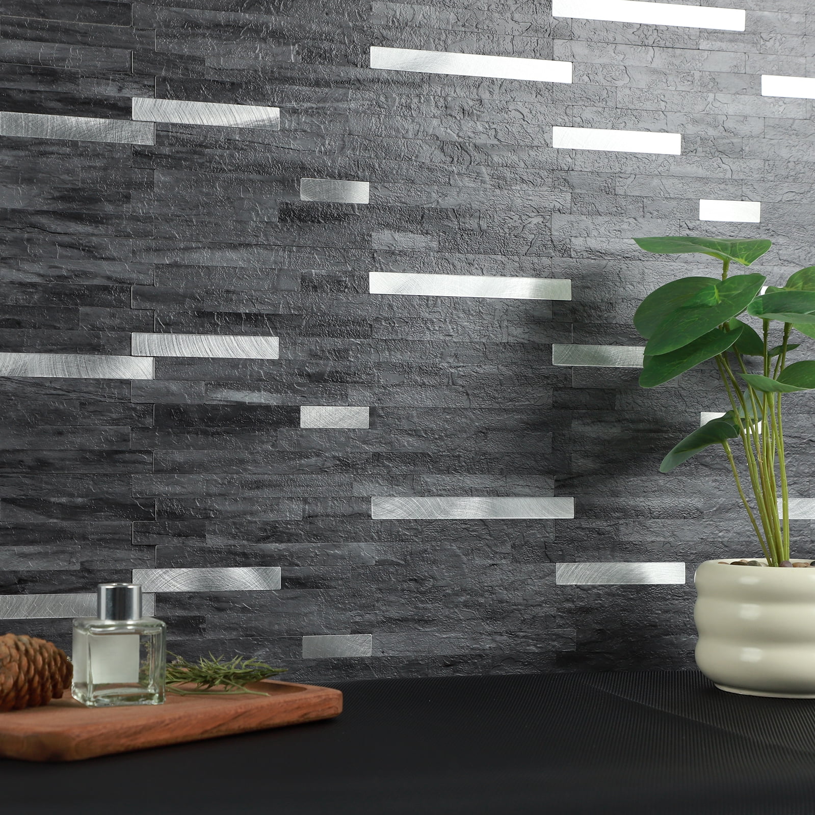 22-Sheet Peel and Stick Backsplash Stone Tile, Self Adhesive Slate Black Grey Linear Stick on Wall Tiles for Kitchen Bathroom(10.44 sq.ft)