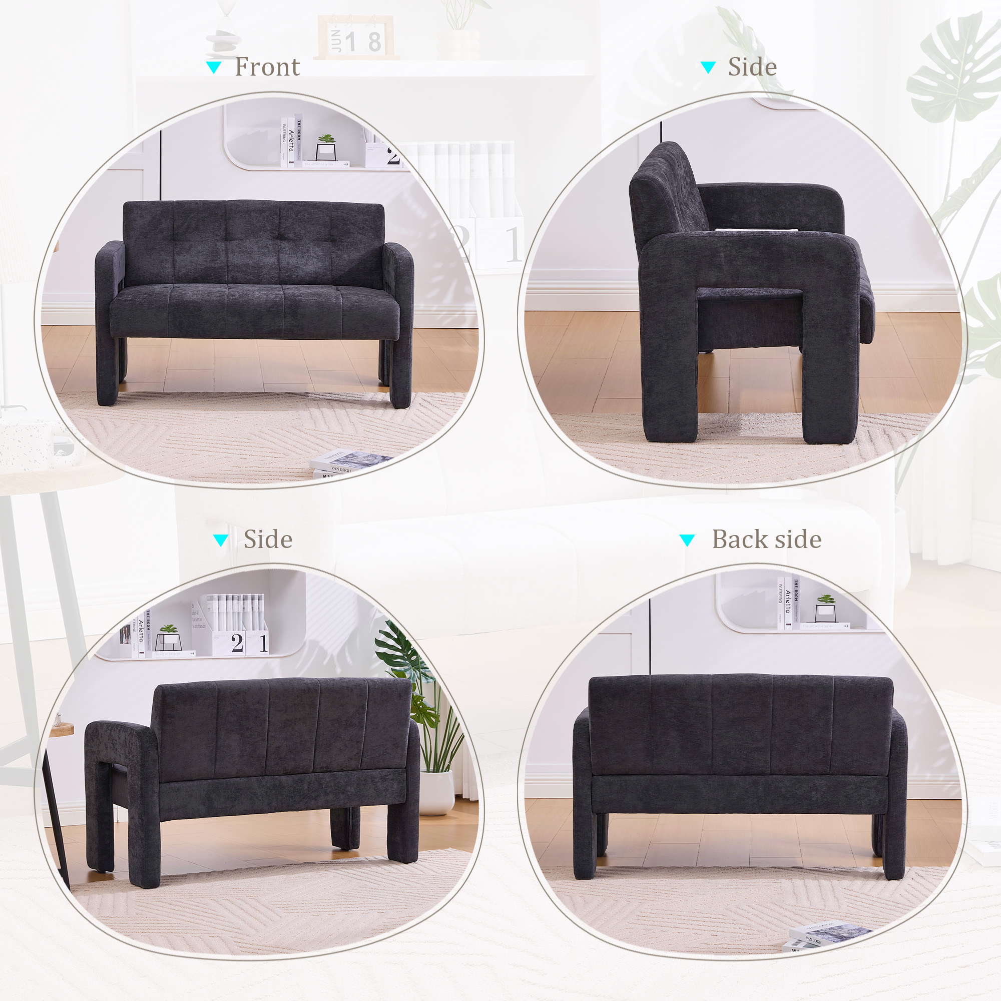 MOONMISS Chenille Upholstered Tufted Comfortable Wood Frame Loveseats Sofa with Dual Armrests-Black