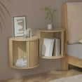 thumbnail image 2 of Pusnapku Floating Nightstand Set of 2, 16.5" Fluted Wall Mounted Bedside Shelf with Storage and Sliding Door, Wooden Curved Side Table for Bedroom, 2 of 9