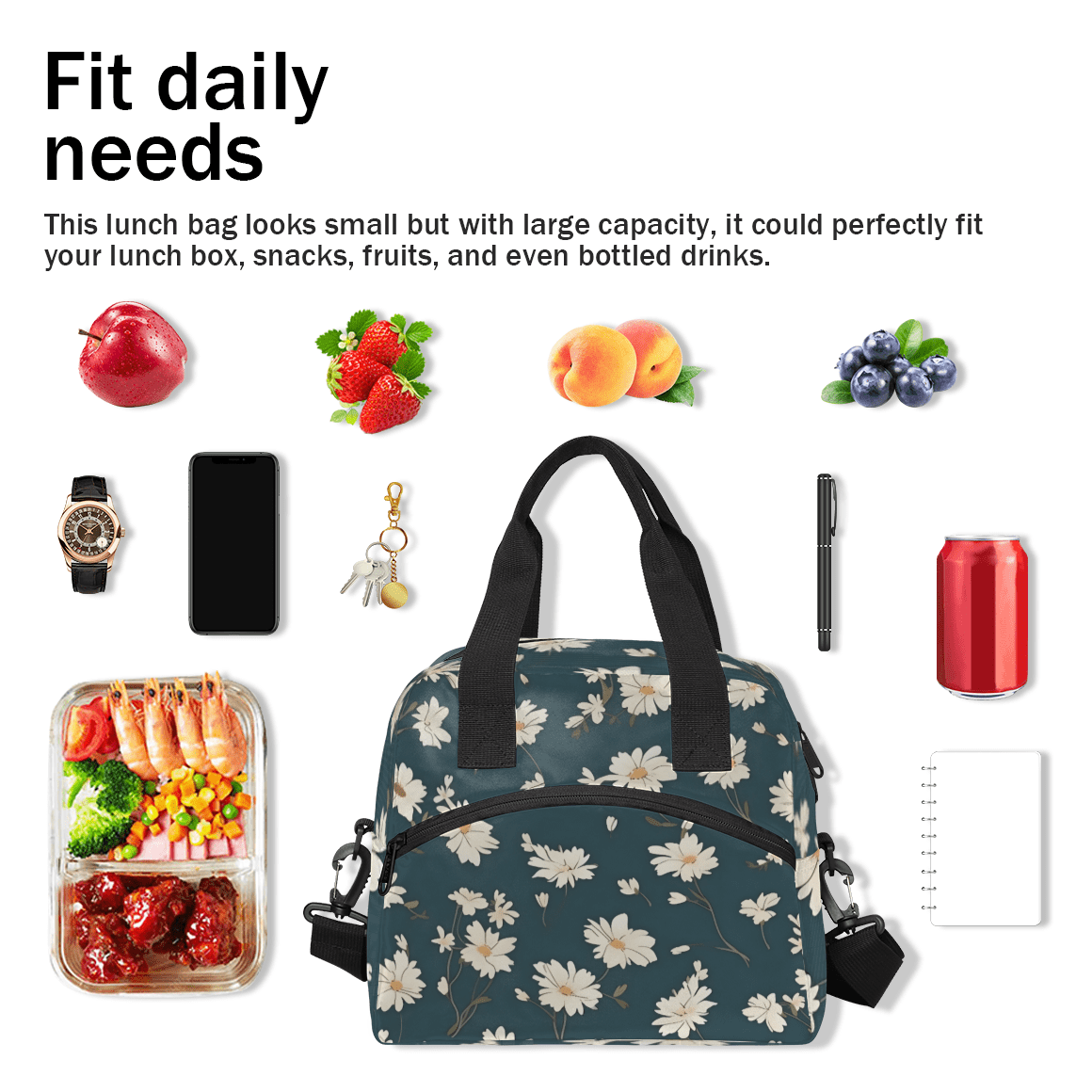 Herdesigns Daisy Insulated Lunch Bag for Women Men Adults Large Reusable Lunch Box Daisy Flower Leakproof Cooler Tote Bags with Adjustable Shoulder Strap