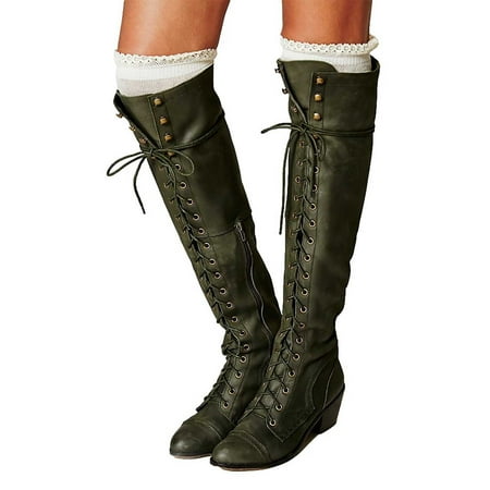 

Egmy Large Size Boots Women Autumn Long Tube Lace Up Thick Heel Shoes Boots