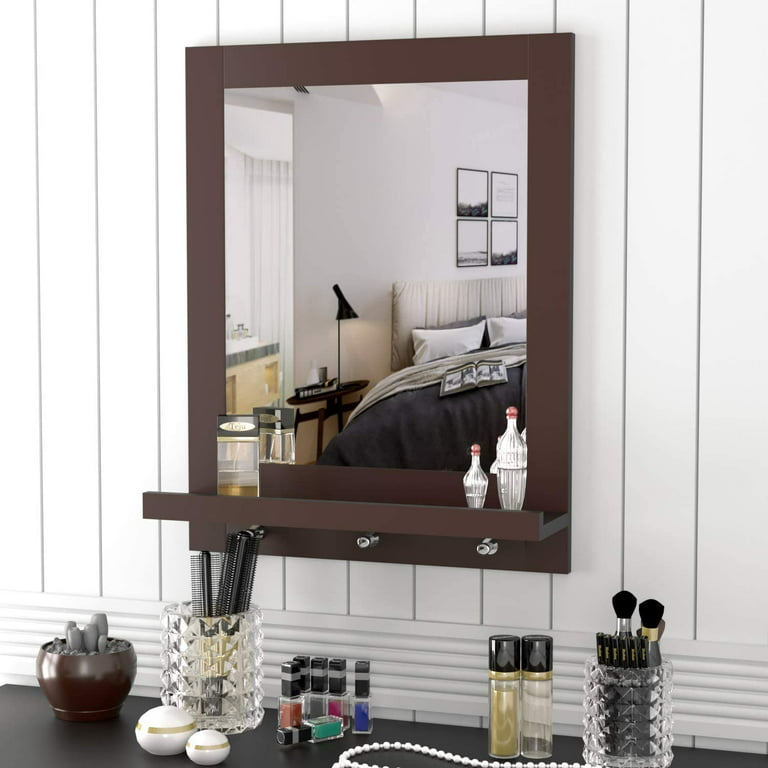 Homfa Wall Mirror with Shelf, 3 Hanging Hooks of Wood Frame
