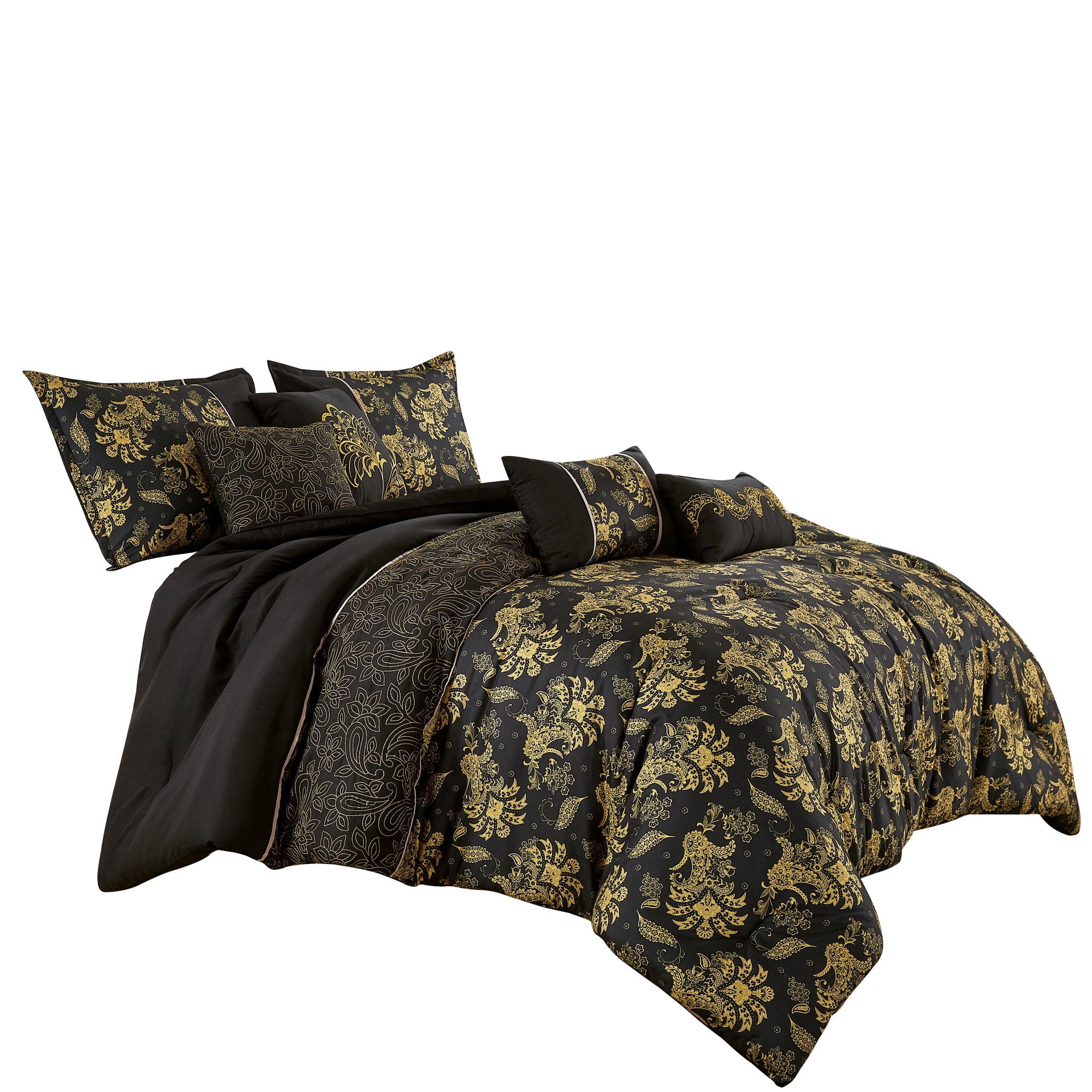 Luxury 7-Piece Black and Gold Floral Comforter Set, Elegant Embroidered Bedding with Decorative Pillows, Queen