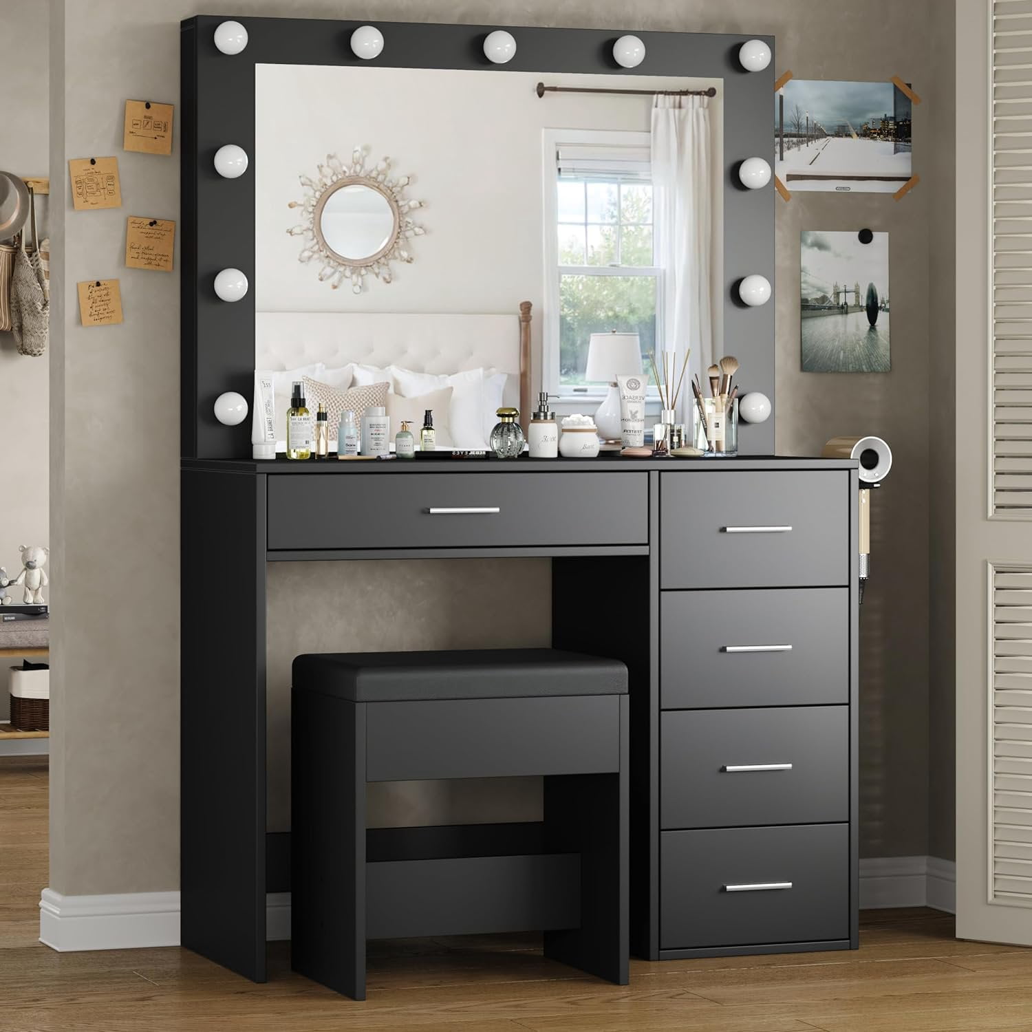 Vanity Desk With Power Outlet, Makeup Table With Lighted Mirror, 3-Color Adjustable Lighting, Drawers, Black Vanity Table Set For Women & Girls