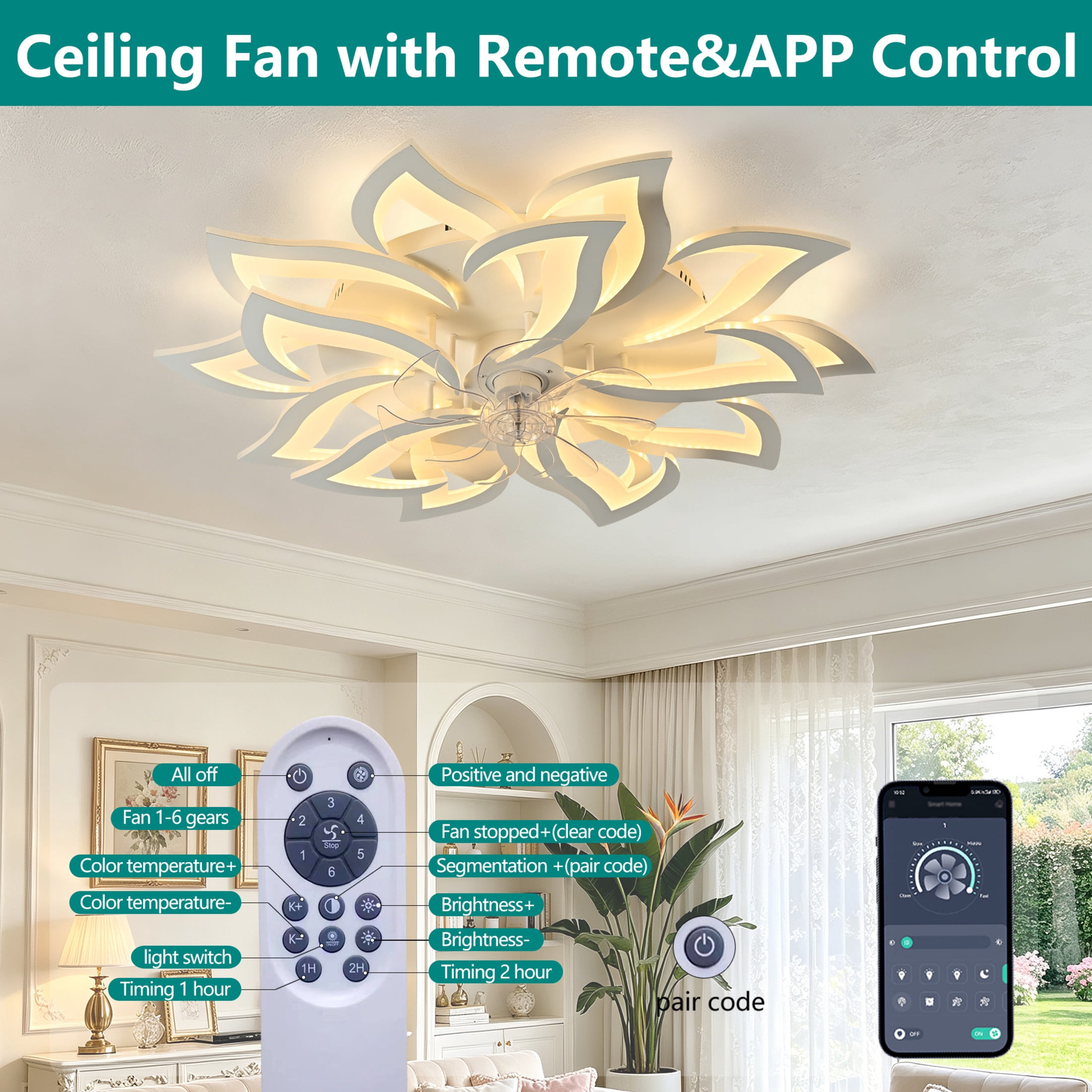 GDF Studio 15-Head Flower Modern Ceiling Fan with LED Lights & Remote Control, Low Profile Flush Mount Fandelier, White