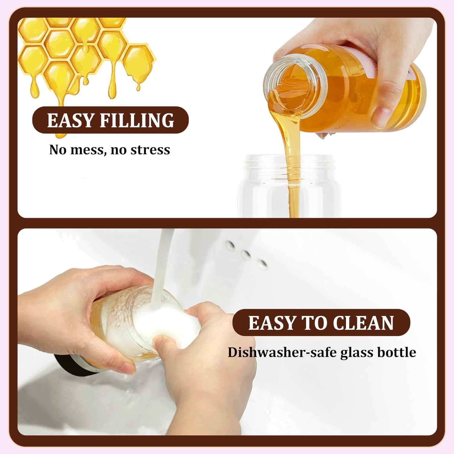 Glass Honey Dispenser No Drip with Base, 10oz Honey Pot Honey Jar Container with Handle, Maple Syrup Dispenser for Honey and Syrup