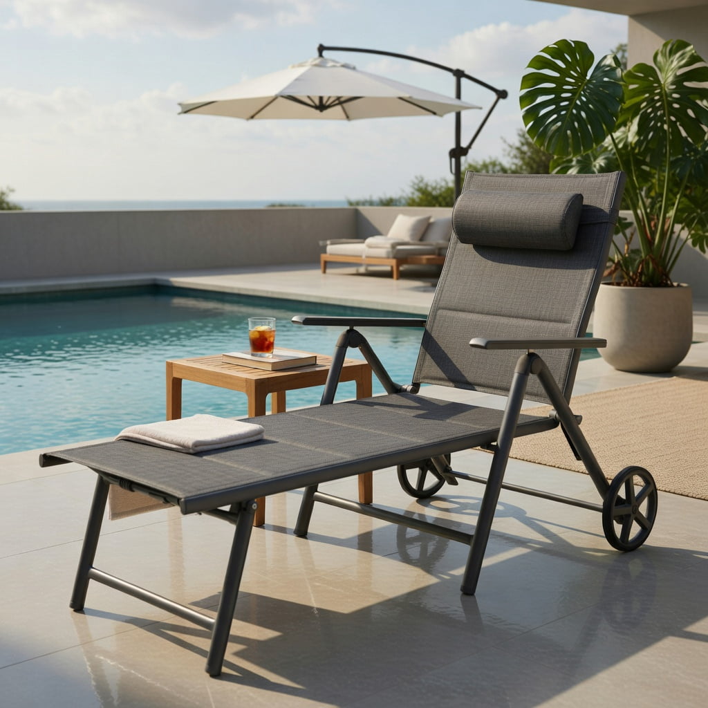 Hommoo Adjustable Aluminum Patio Chaise Lounge Chair with Neck Pillow, 7-Position Reclining, All-Weather Fabric, Rolling Wheels & Foldable Design, Gray
