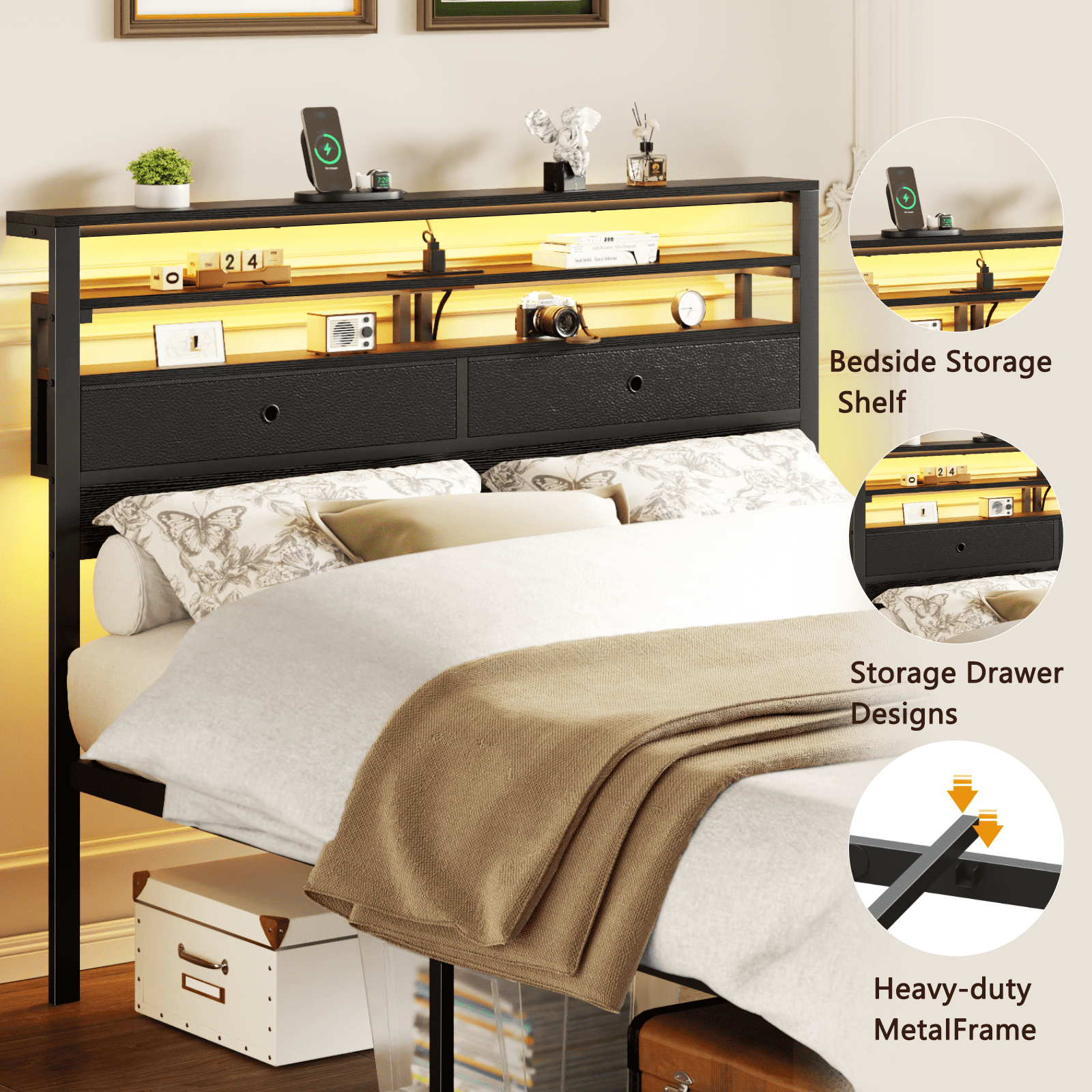 BYT Queen Size Bed Frame with 2 Storage Drawers Headboard, LED & Charging Station, Black oack