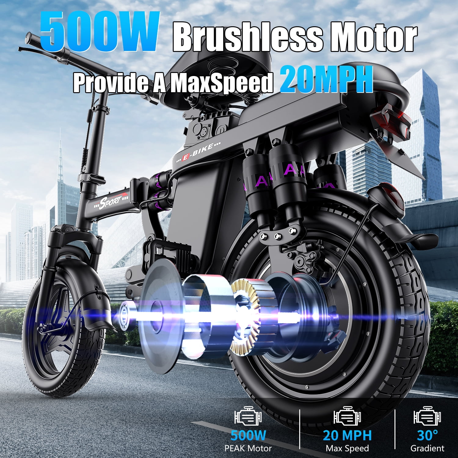 Electric Bike for Adults, Ebike, Electric Bicycle with 48V Removable Battery,14" Folding Ebike, 20MPH,30+ Miles(MAX),500W High Motor,Multi-Shock Absorption,UL 2849,Commuting Mini E Bikes