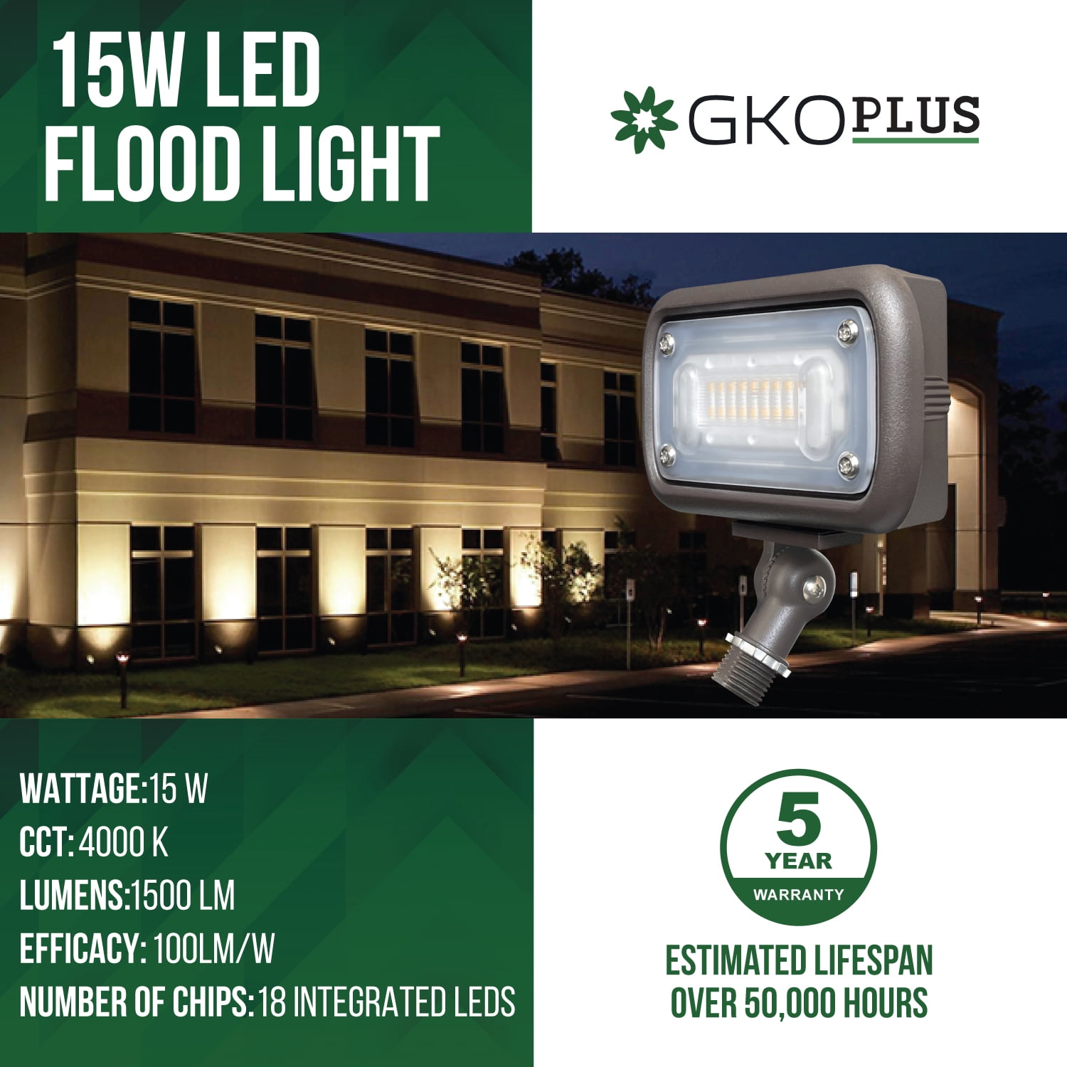 15W Outdoor LED Flood Security Lights, Waterproof Landscape Lighting, 50W PSMH Equivalent, 1500 Lumens, 4000K Cool White, 1/2" Adjustable Knuckle, UL-Listed, 5 Years Warranty