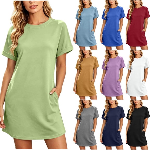 Bxsruta Womens T Shirt Dress Short Sleeve Casual Loose Shift Dresses with Pockets