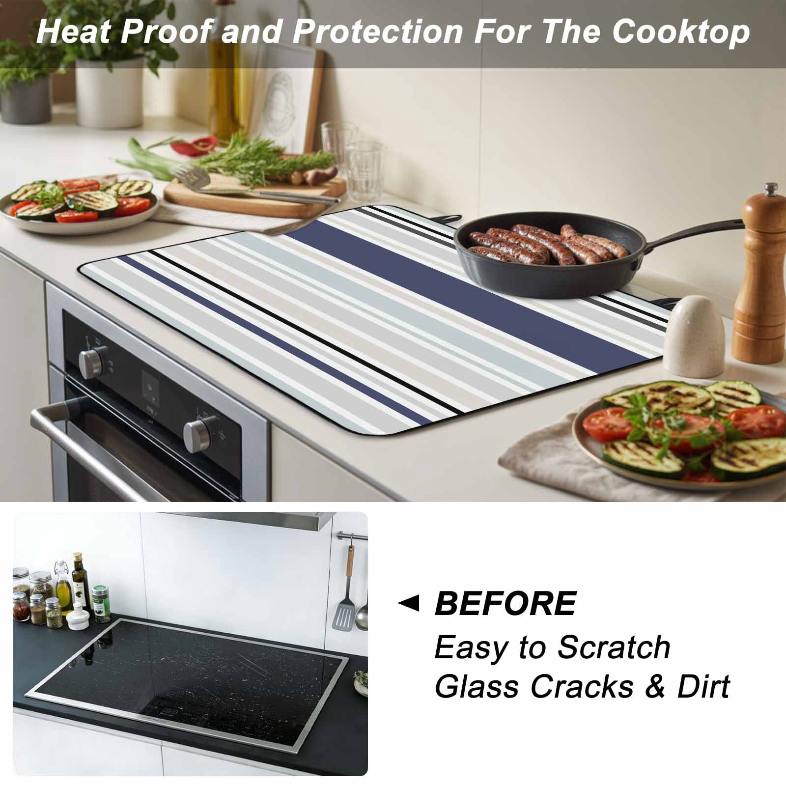 Blue Black Grey Striped Stove Top Cover for Electric Stove, Heat-proof & Non Slip Glass Top Stove Cover Protector, Farmhouse Stripes Kitchen Flat Cooktop Rubber Mat 24x21 Inches