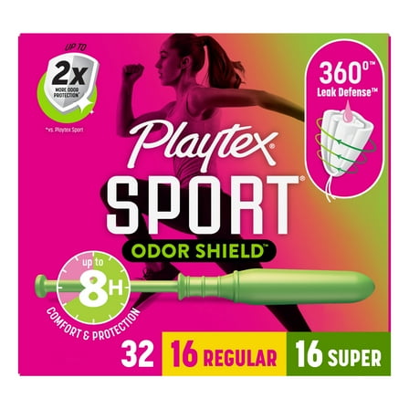 Playtex Sport Odor Shield Tampons (16ct Regular/16ct Super), with 360 Leak Defense, Unscented, 32 Count
