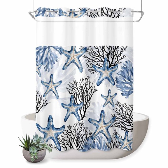 No Hook Shower Curtain, Coastal Blue Coral Shower Curtains for Bathroom with See Through Top Window, Summer Ocean Starfish Nautical Vintage Waterproof & Washable Bath Curtain 60"x72"