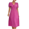 thumbnail image 1 of Robes d'Été pour Femmes Manches Courtes Bouffantes Robe Midi Quotidienne Unie devant Torsadé Col en V Décontractée Coupe Ample Plissée, 1 of 7