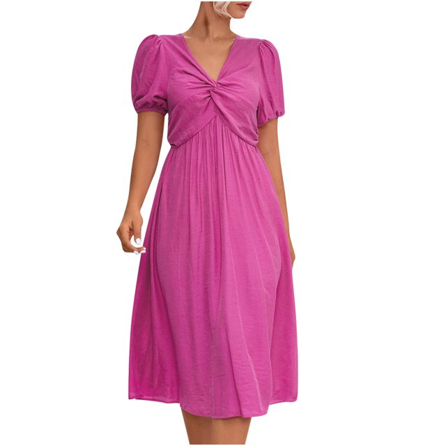 Robes d'Été pour Femmes Manches Courtes Bouffantes Robe Midi Quotidienne Unie devant Torsadé Col en V Décontractée Coupe Ample Plissée