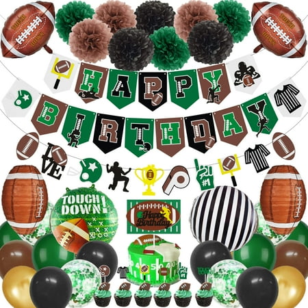 Superbowl Party Decorations PriNst Football Birthday Decorations Sports Party Supplies Set (Birthday Banner Paper Pom Poms Cake Toppers Lanterns Balloons) (Football-01)