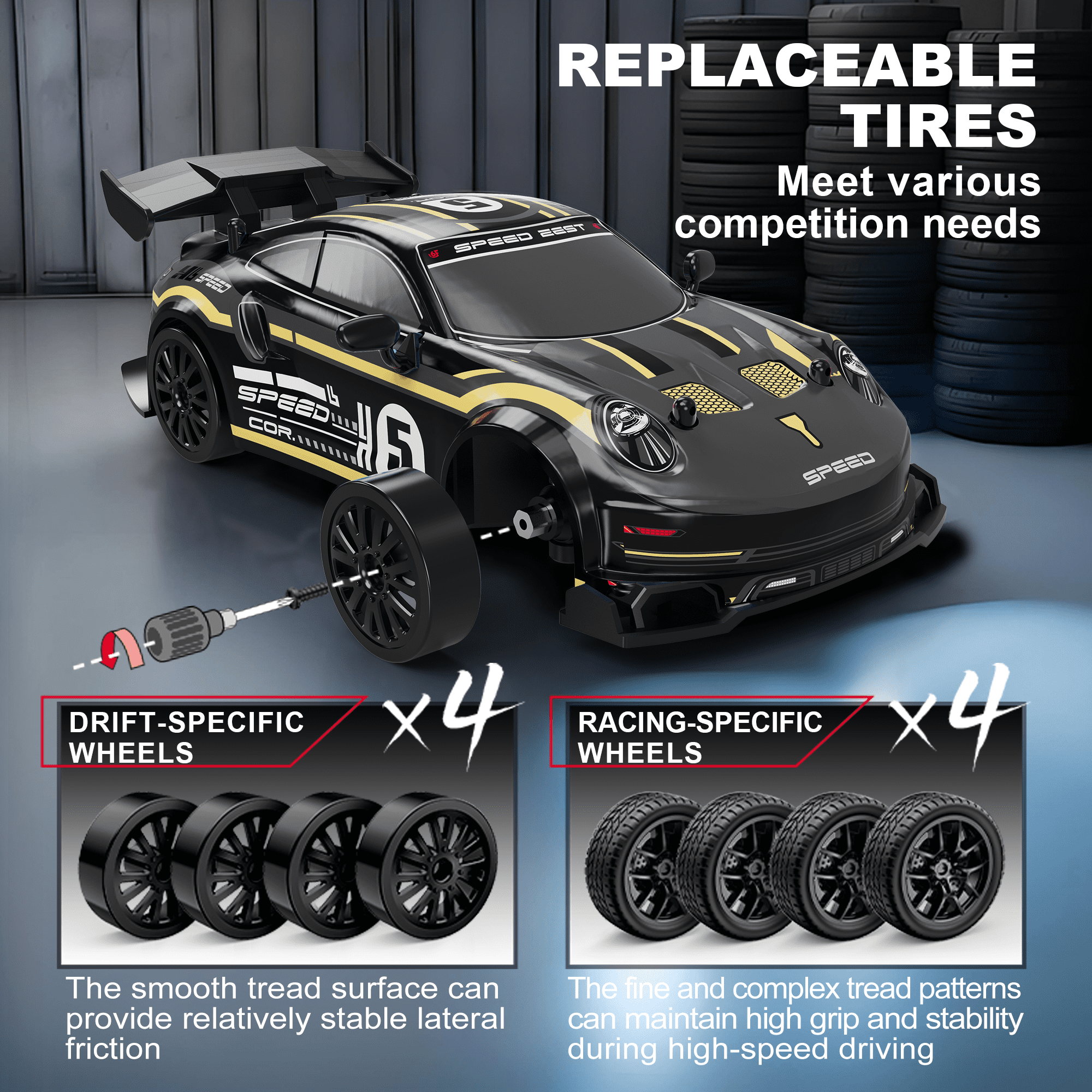 UUGEE RC Drift Car, 1:24 Remote Control Car for Kids, 20KM/H 4WD High Speed RC Cars with LED Lights, 4 Extra Drifting Tires, Vehicle for Adults Boys Girls 8-12，Black