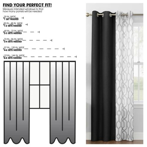 Mainstays Kingswood Solid and Printed Sheer Grommet Curtain Panel Set, 4 Piece, Black, 27.5" W x 84" L