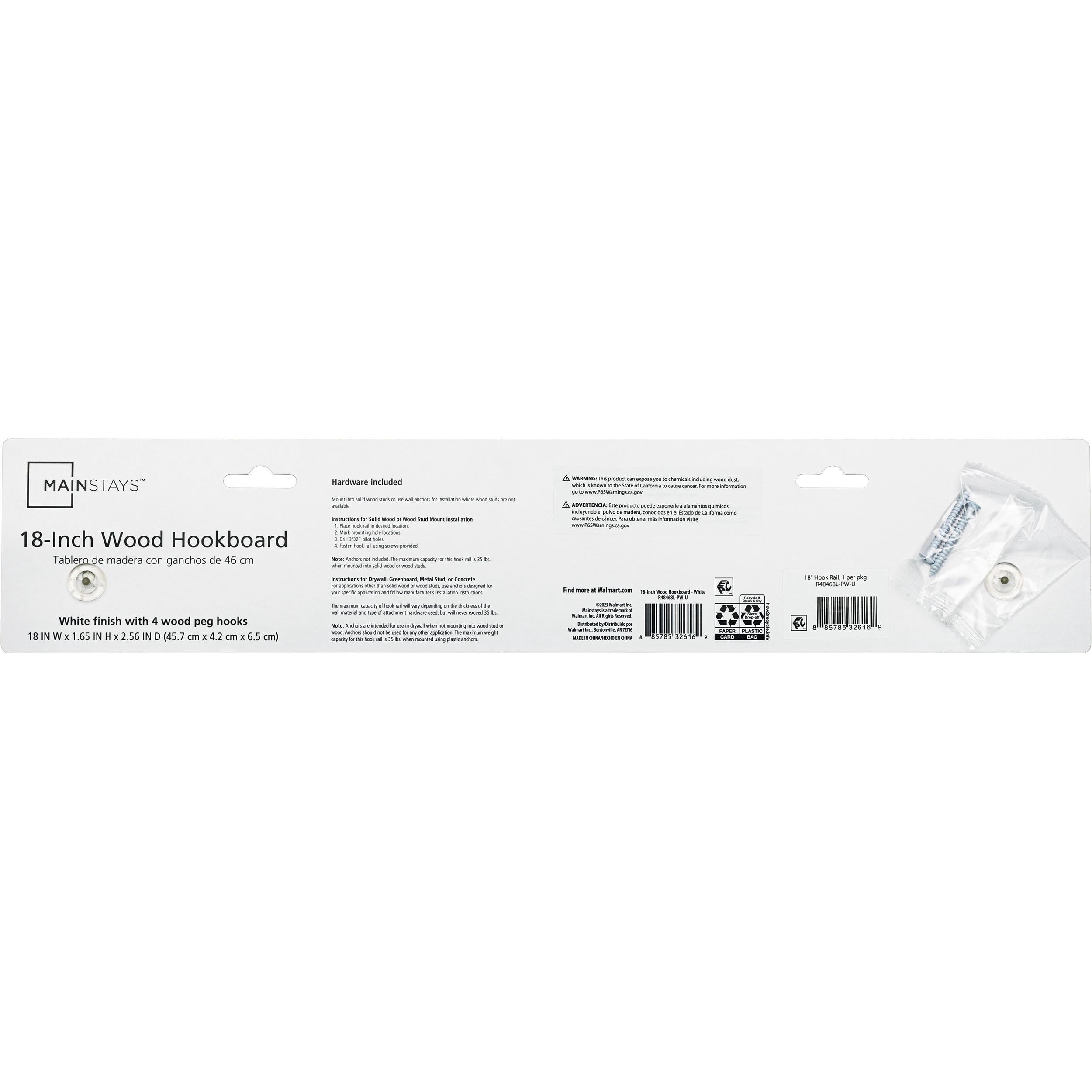 Mainstays Wall Mounted 18 in. Pure White Wood Hook Rail, 4 Hooks