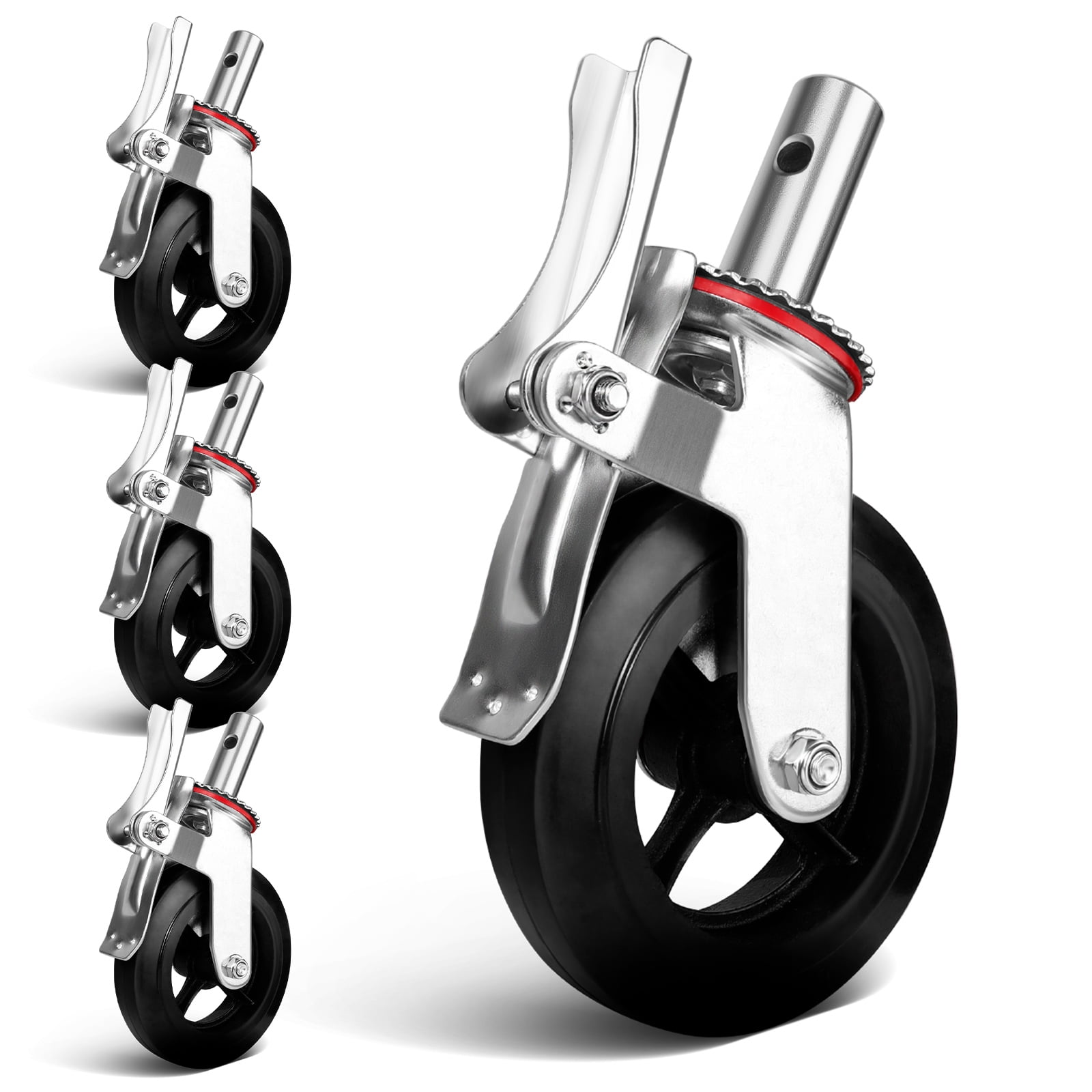 No Noise Wheels, 8 Inch Industrial Casters Set of 4, Locking Swivel Stem Casters Rubber Casters Heavy Duty Castors, Caster Wheels 4400lbs Load for Cart and Workbench