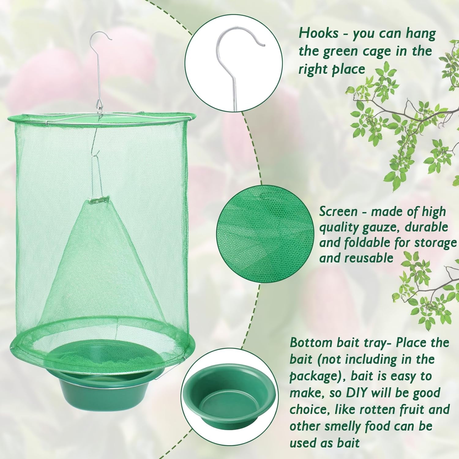 RIDWIND 24-Pack Ranch Fly Trap Reusable Hanging Fly Catcher Cage with Pots Flies Killer Control for Indoor and Outdoor, Family Farms, Park, Restaurants