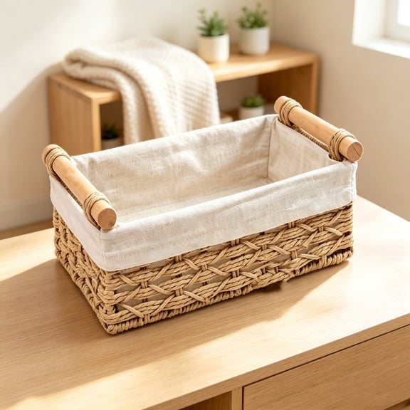 Yakvarog Wicker Storage Basket with Wooden Handle, Paper Rope Decorative Woven Baskets 9.8x5.9x3.2 in for Countertop, Bathroom, Home Office, Toys & Sundries
